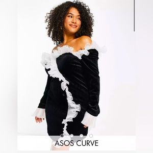 ASOS LUXE Curve bonded velvet tux dress with ruffle detail in black